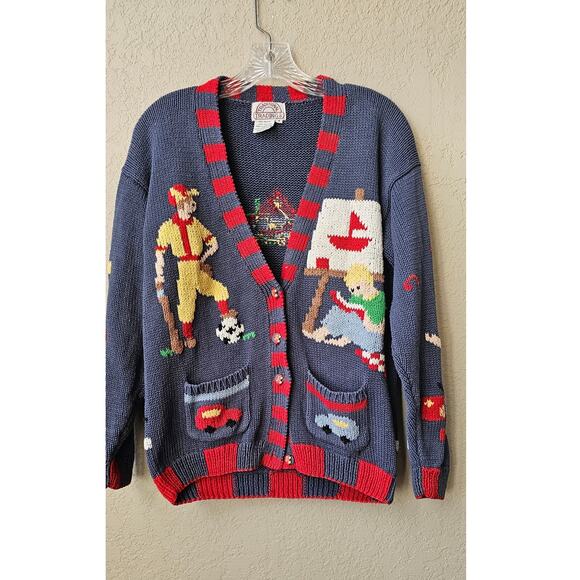 Vintage Hand Knit Boy Mom Cardigan Sweater Size M Multi Soccer Legos FUN‎ Unique - Picture 1 of 9